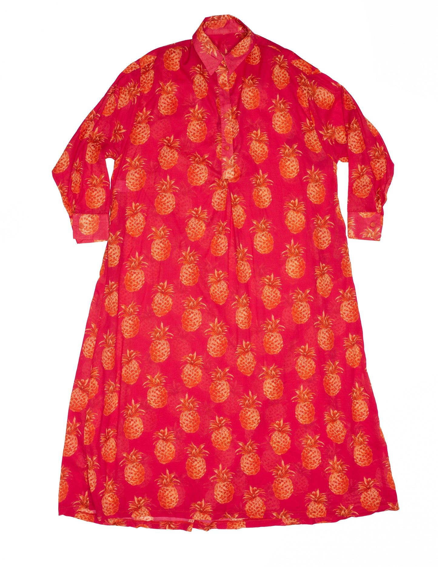 Front view of Pineapple Pop oversized shirt dress in fuchsia with orange pineapple print"