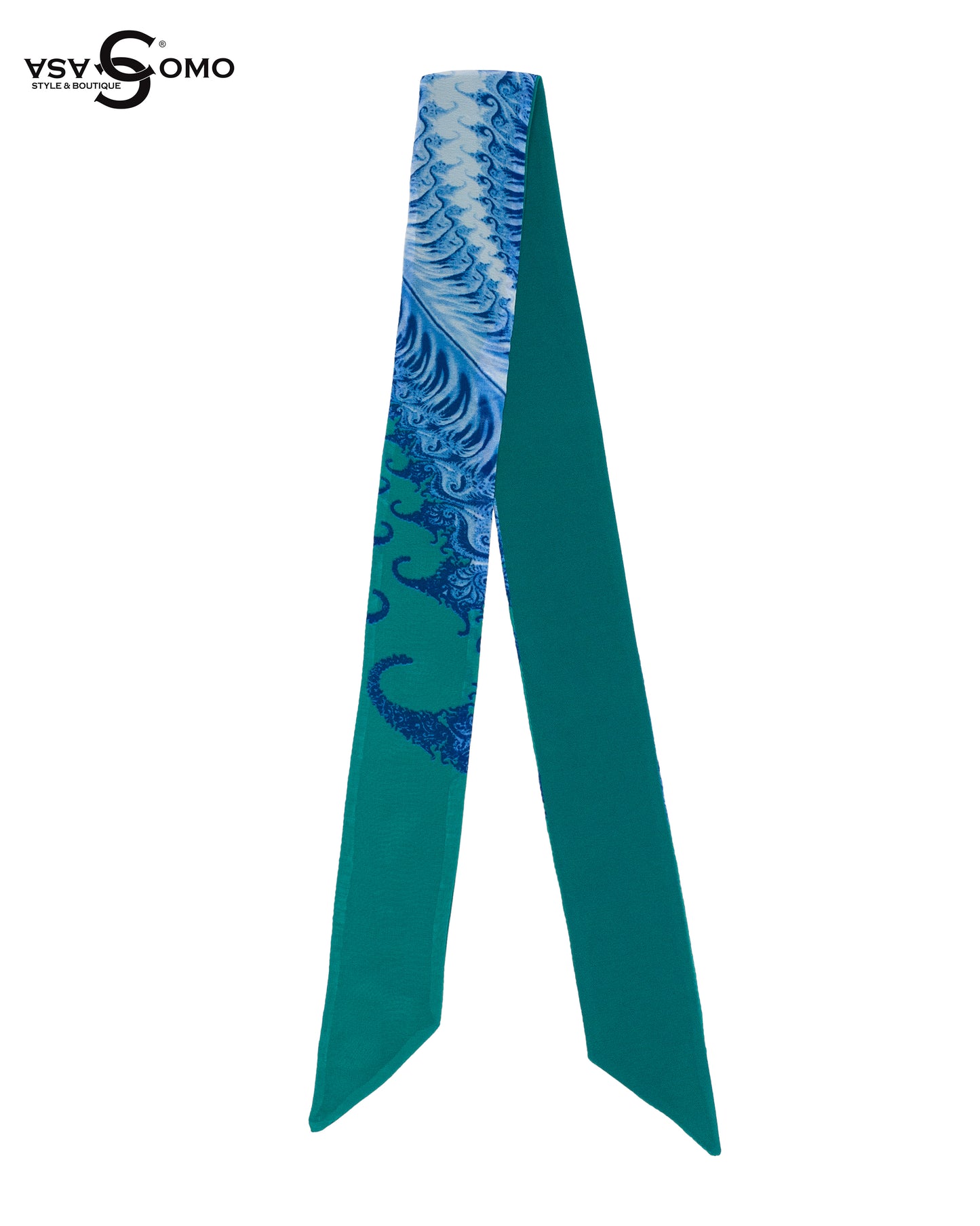 Ocean Wave reversible silk twilly scarf in teal and blue with wave pattern
