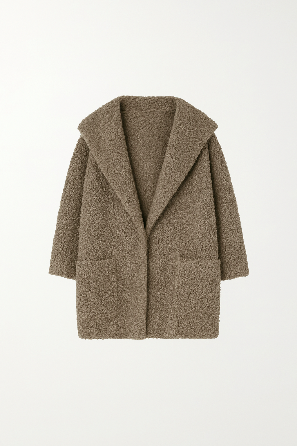 Beige sherpa-texture coat with open front and cozy oversized fit, displayed on white background – Casa Como Boutique
