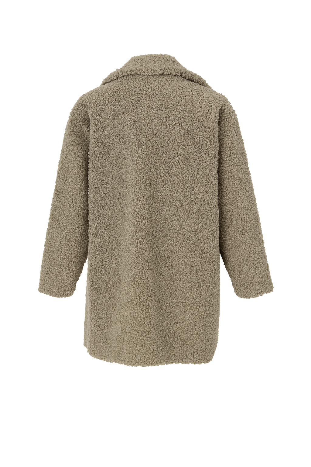Side profile of textured beige sherpa coat showing draped collar and pocket detail – Casa Como Boutique