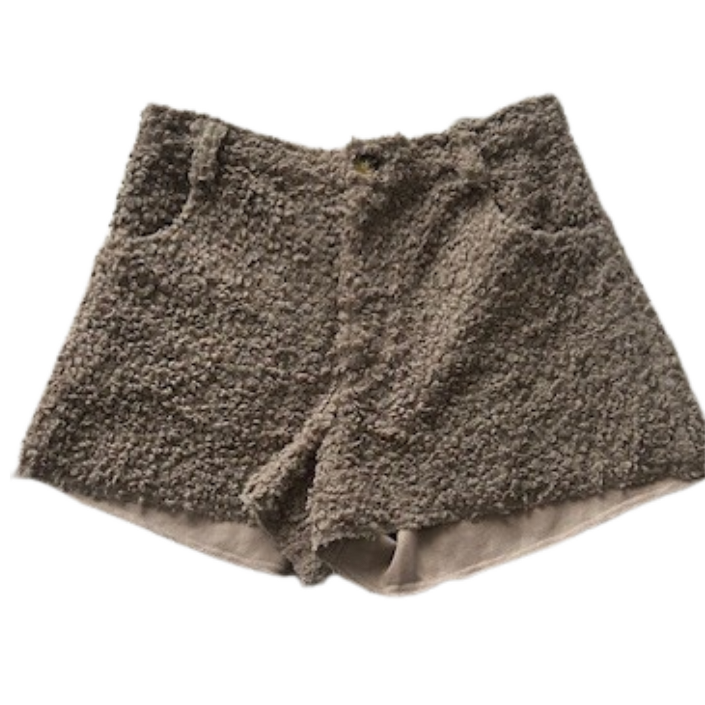 Front view of fuzzy textured shorts in beige with button closure and front pockets.