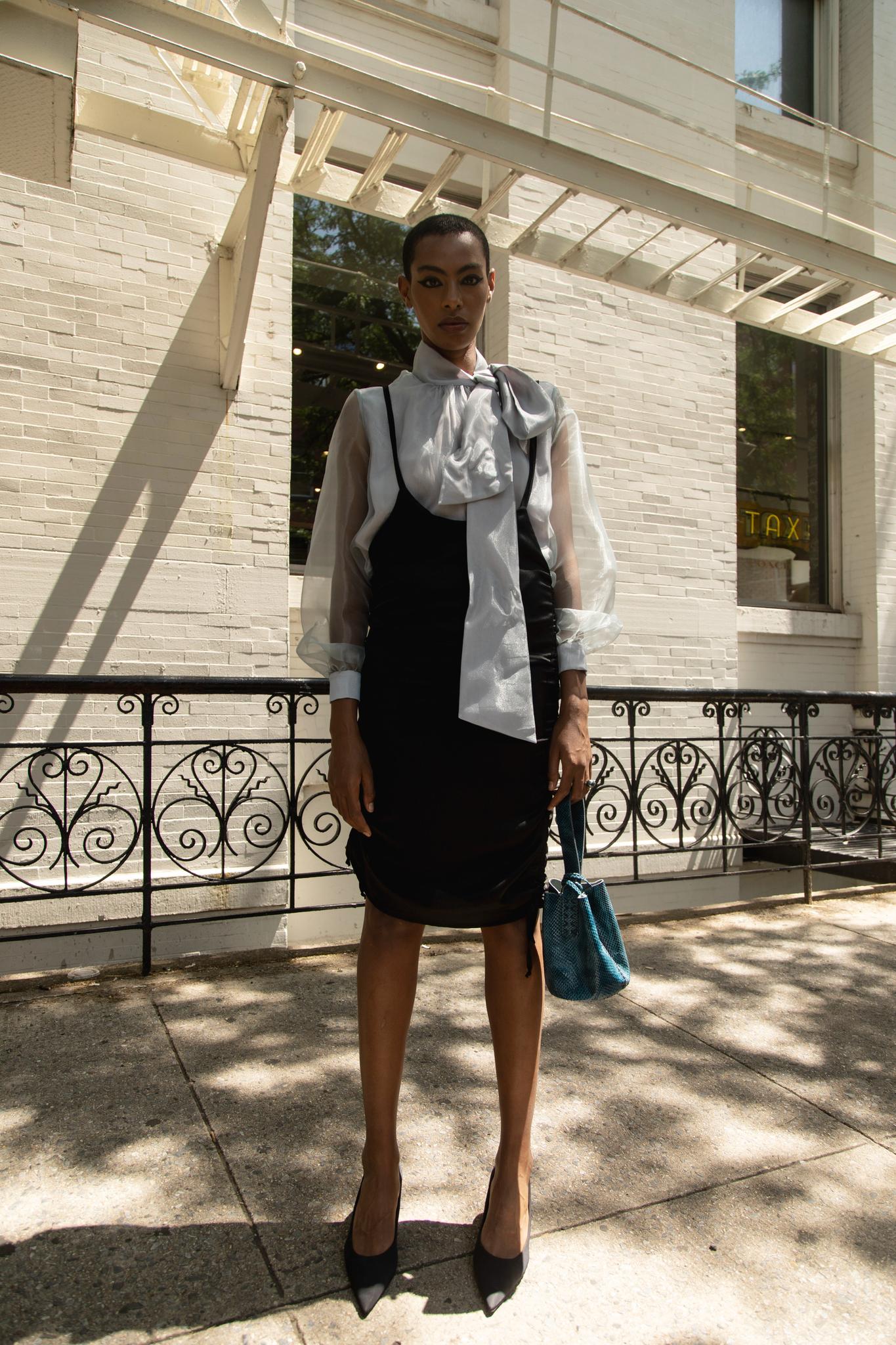 Black Shoulder-Spaghetti Strap Solid Side Slits Overall Skirt