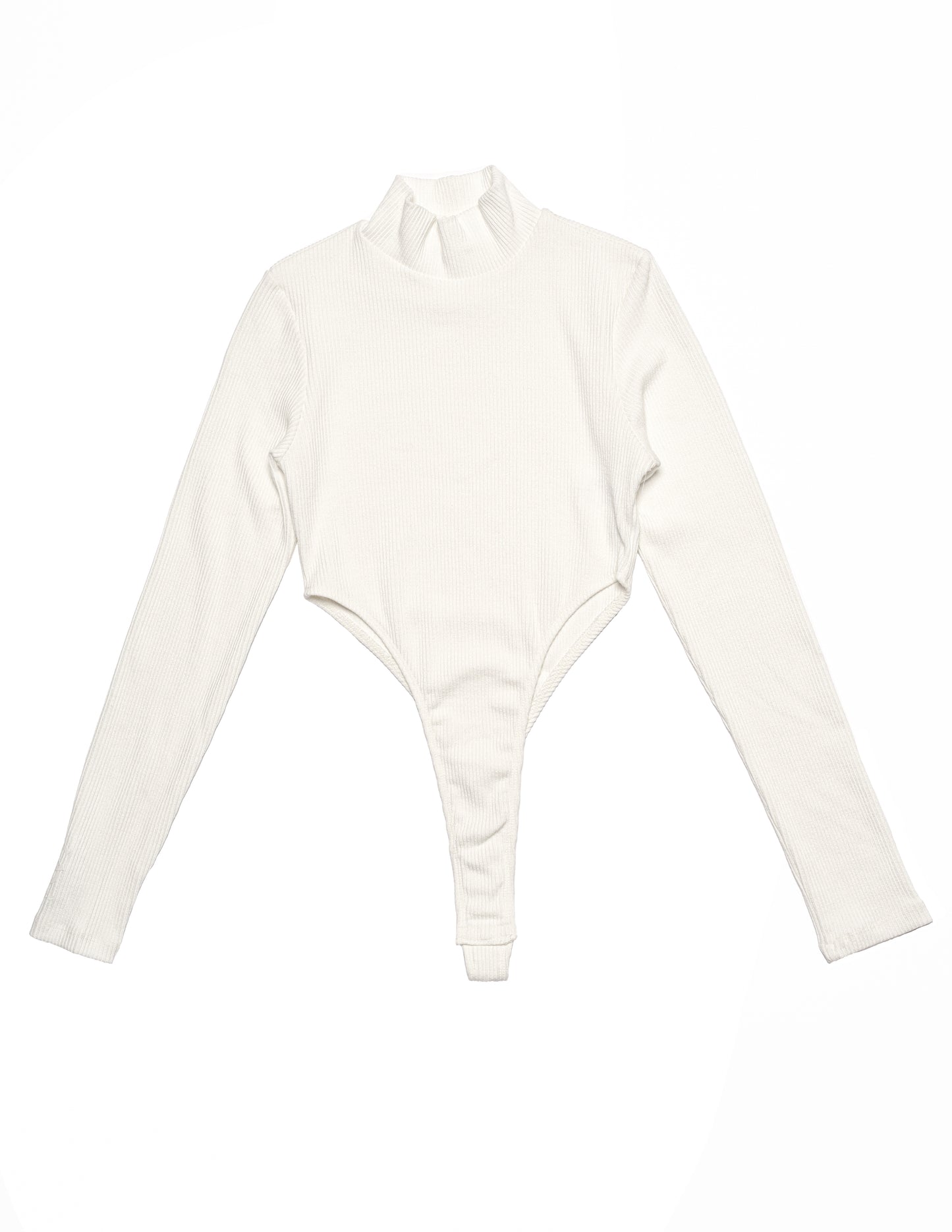 White ribbed long sleeve bodysuit with mock neck front view