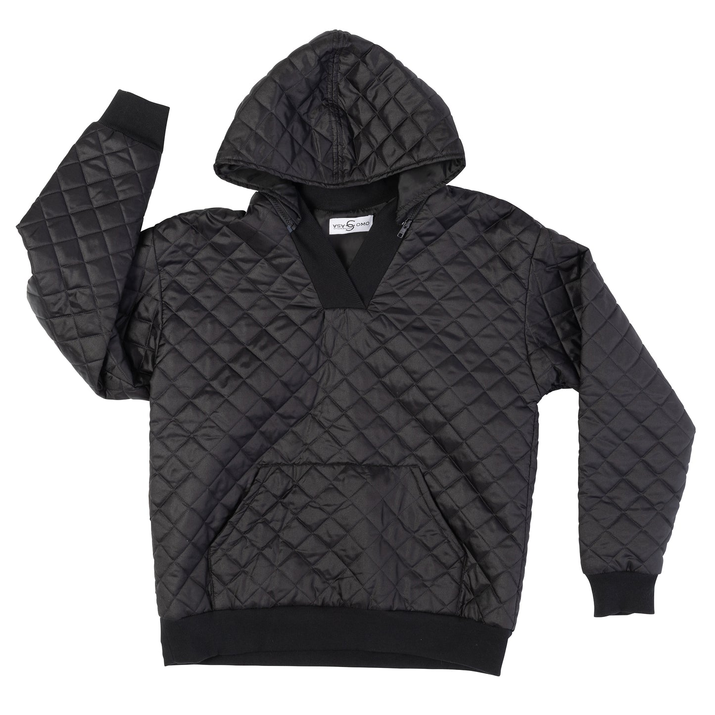 Flat lay of black quilted waffle hoodie, front view – Casa Como Boutique