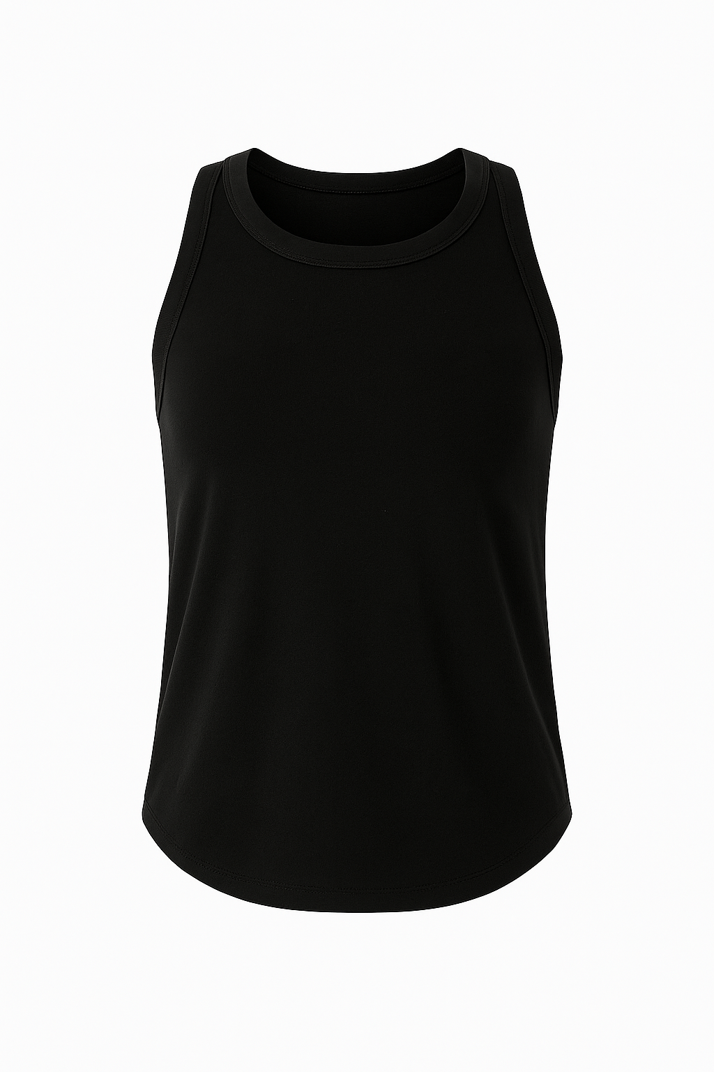 A classic black ribbed tank top with a scoop neckline and racerback design
