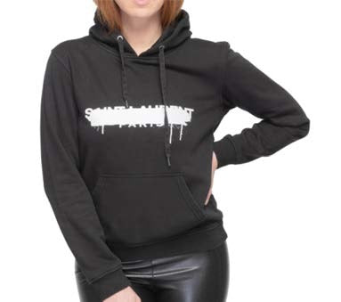 black hoodie with crossed-out Saint Laurent logo