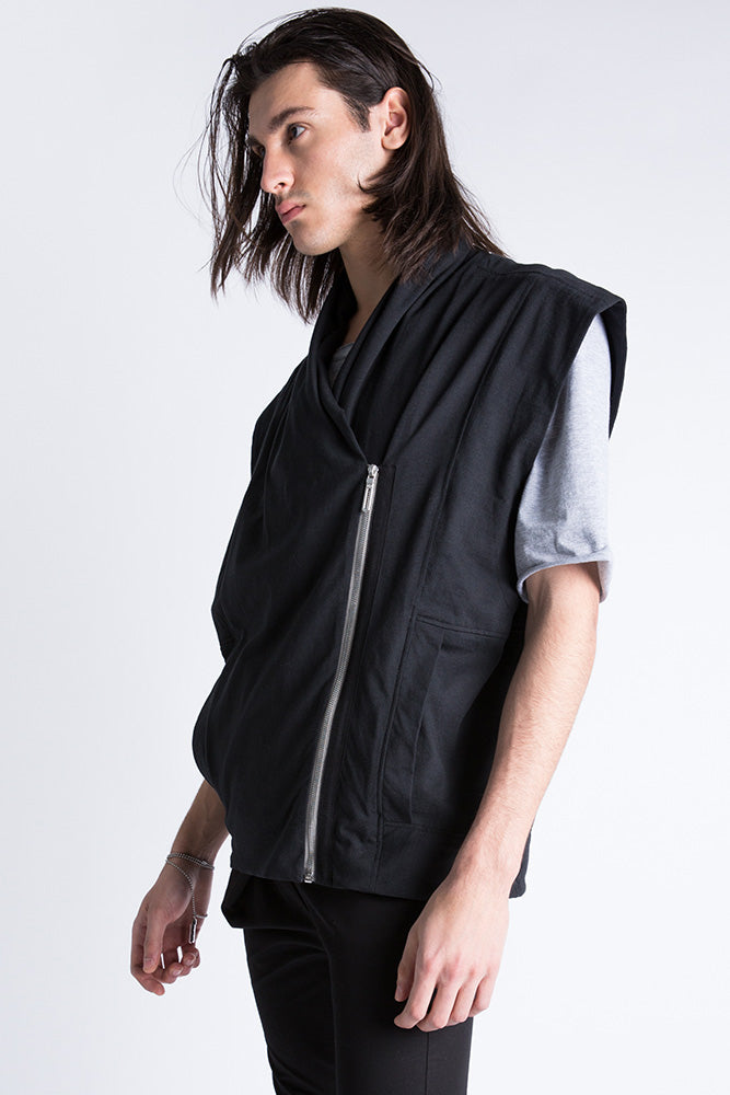 Side profile of sleeveless asymmetric black vest