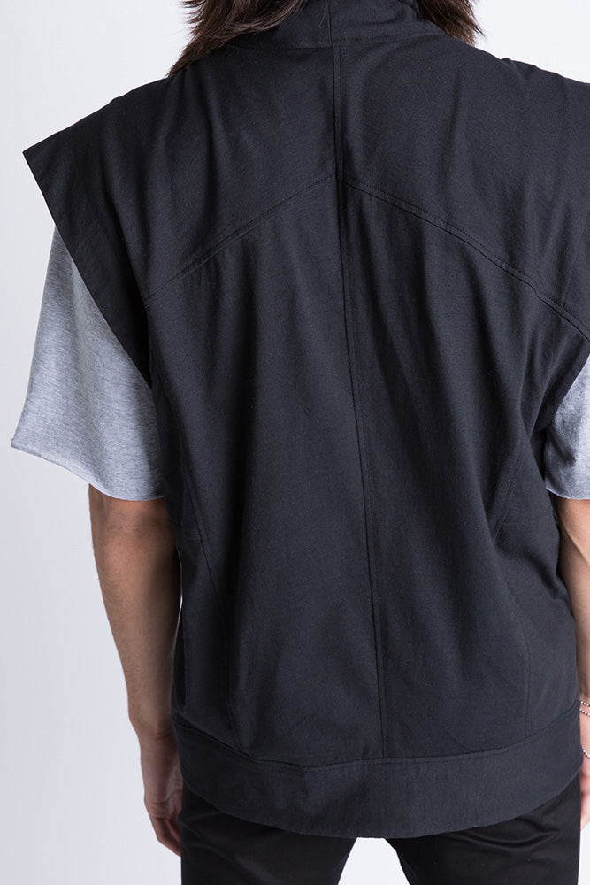 Close-up back seam detail of black vest