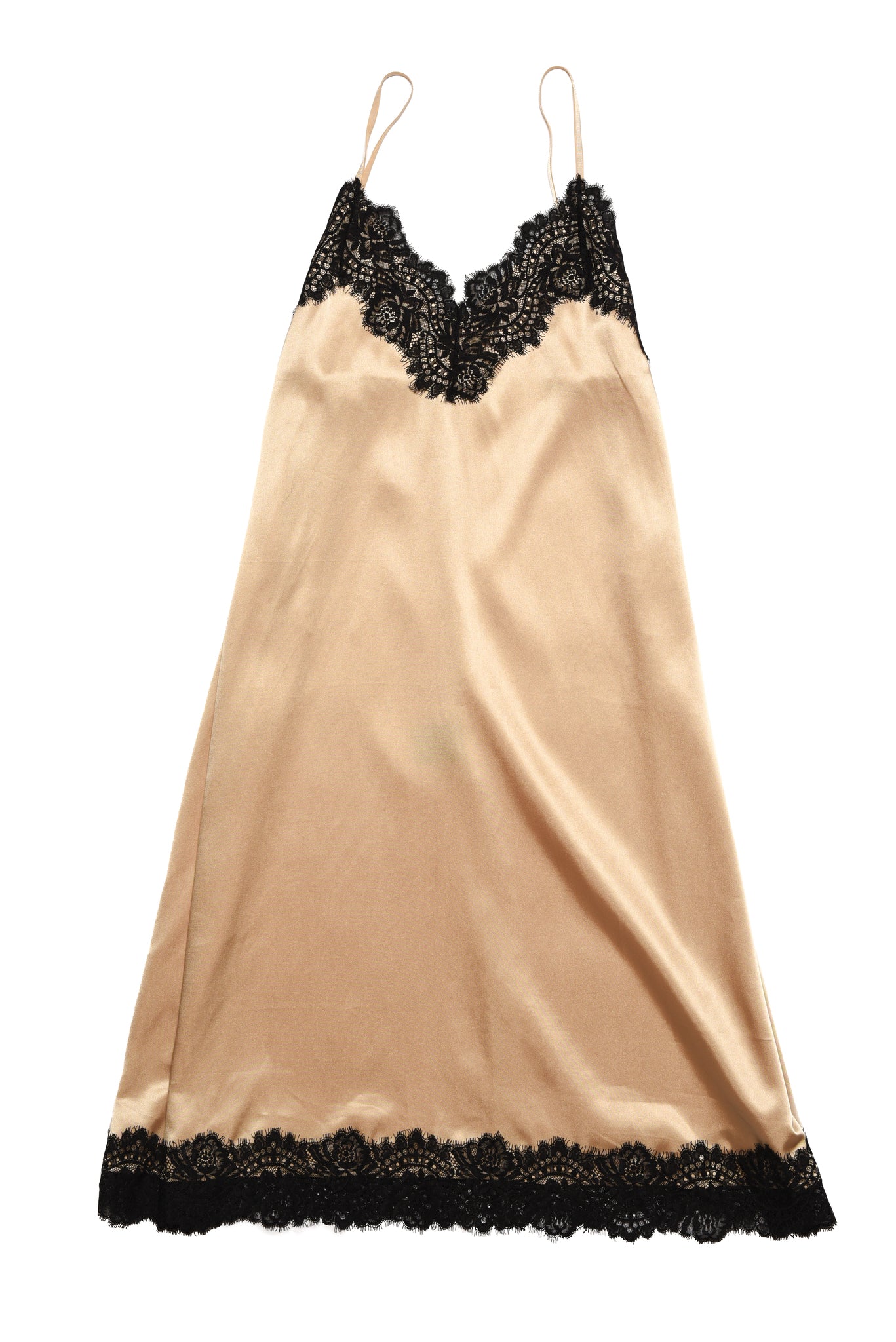 Champagne Satin Camisole Slip Dress with Black Lace Trim | Casa Como Style