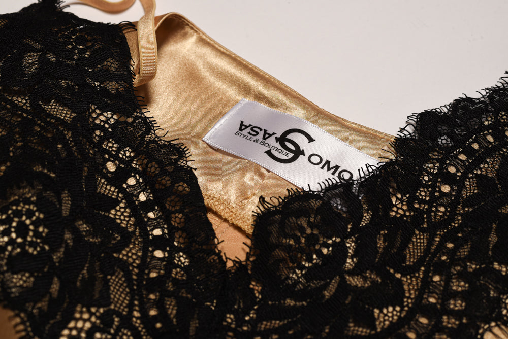 Champagne Satin Camisole Slip Dress with Black Lace Trim | Casa Como Style