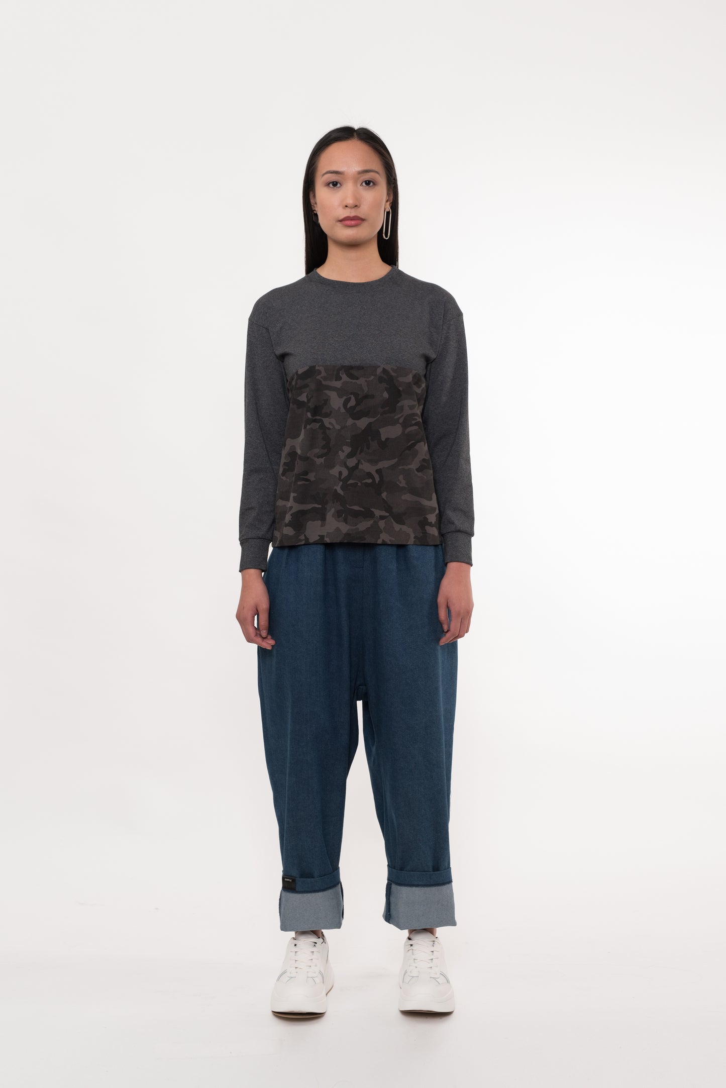 Front view of Mix Camo Charcoal Grey Long Sleeve Tee on model