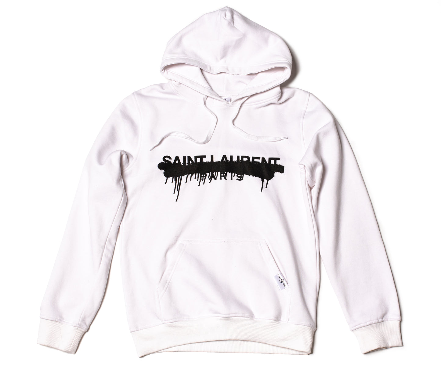White hoodie with Saint Laurent-style black graphic print – flat lay view