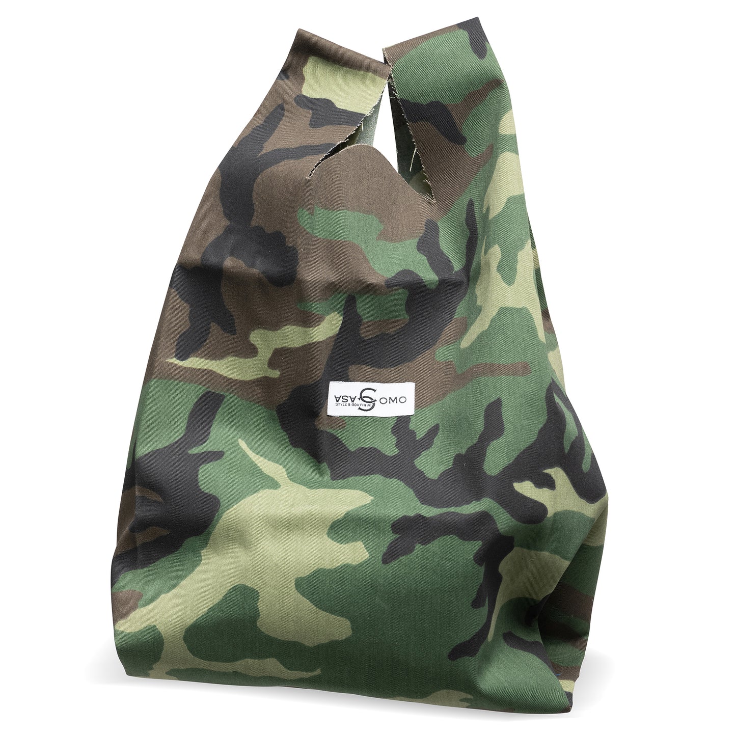 Front view of camouflage carry-all tote bag with cut-out handles and Casa Como logo.