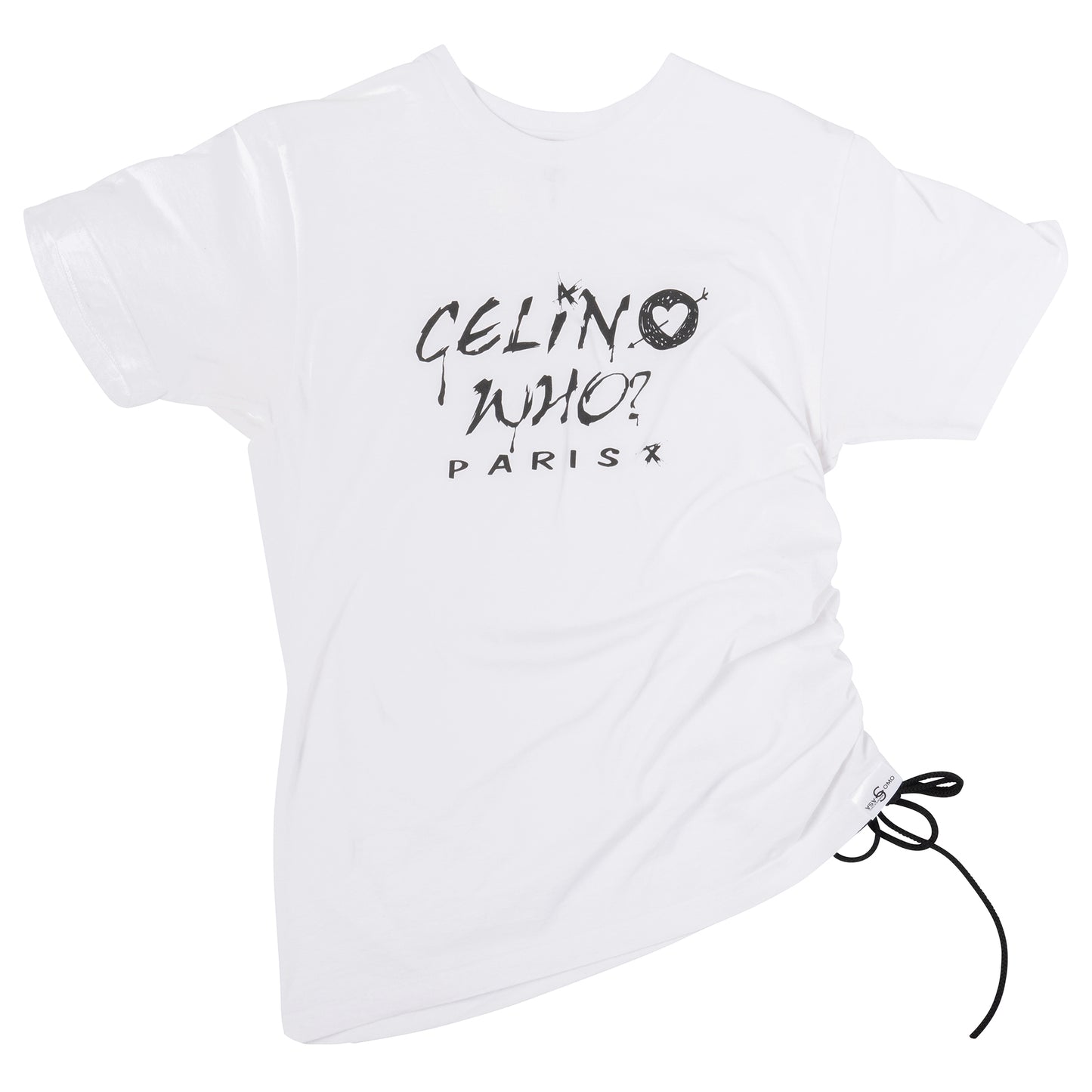 White CELIN WHO? Paris T-shirt with side-tie ruched detail and bold black graffiti-style lettering.
