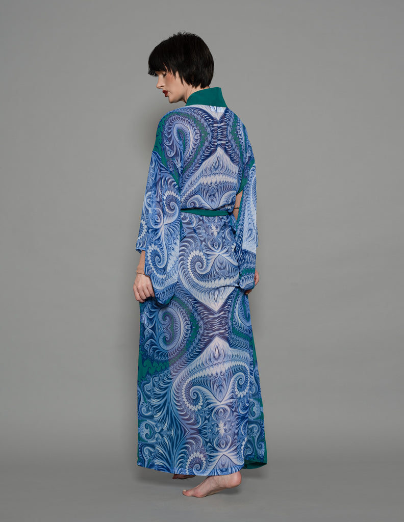 Back view of teal Ocean Wave Kimono Robe with swirling baroque print