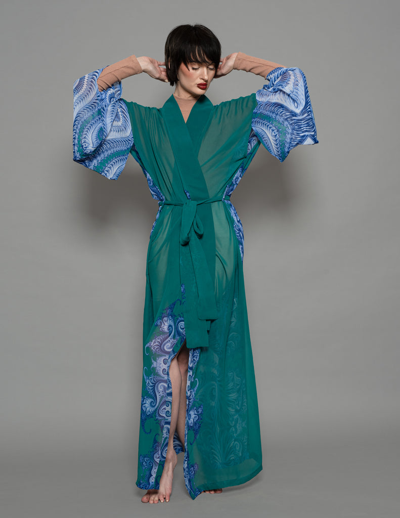 Front view of model wearing teal Ocean Wave Kimono Robe