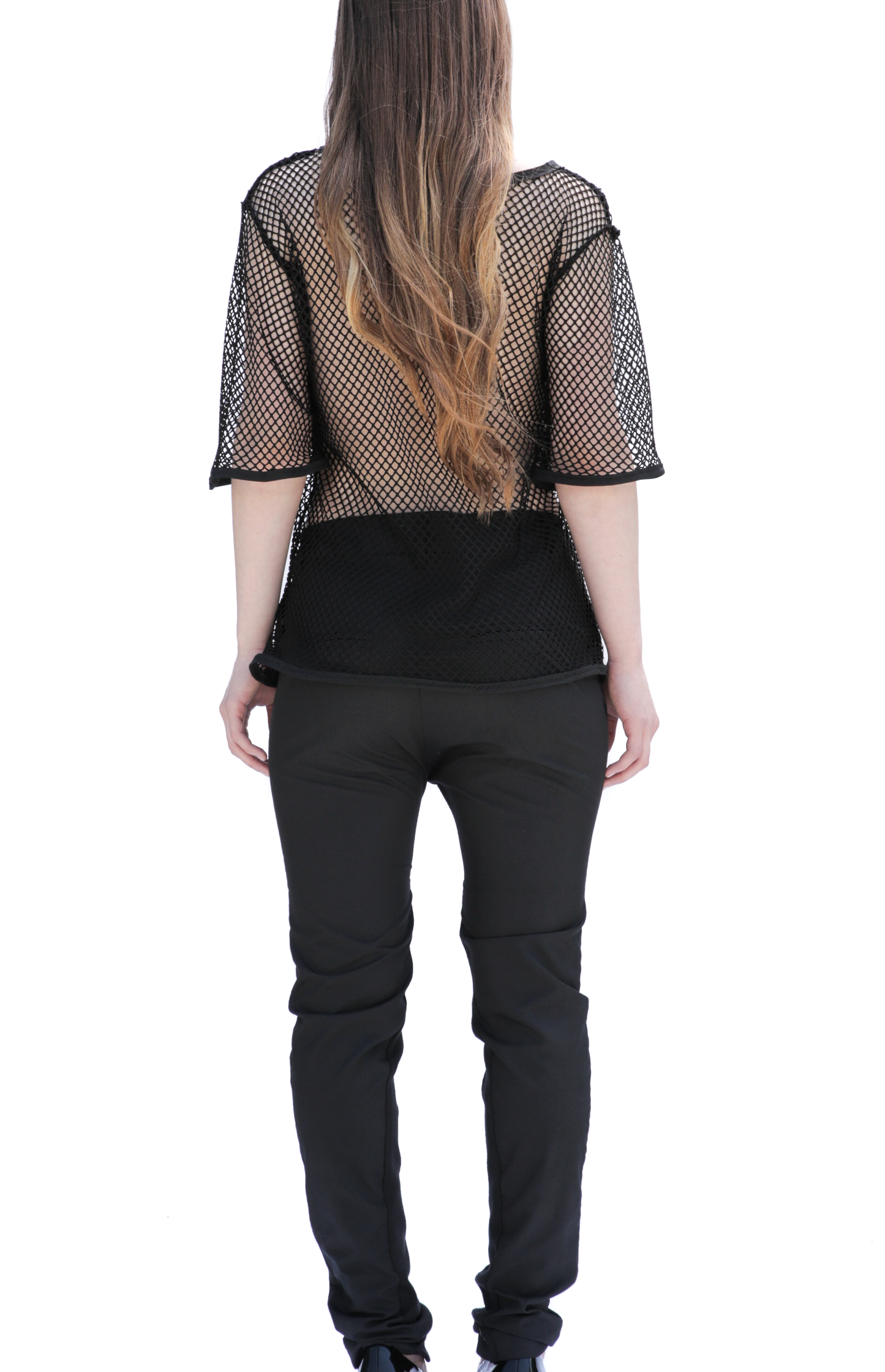 Back view of mesh tee showing transparent fishnet design