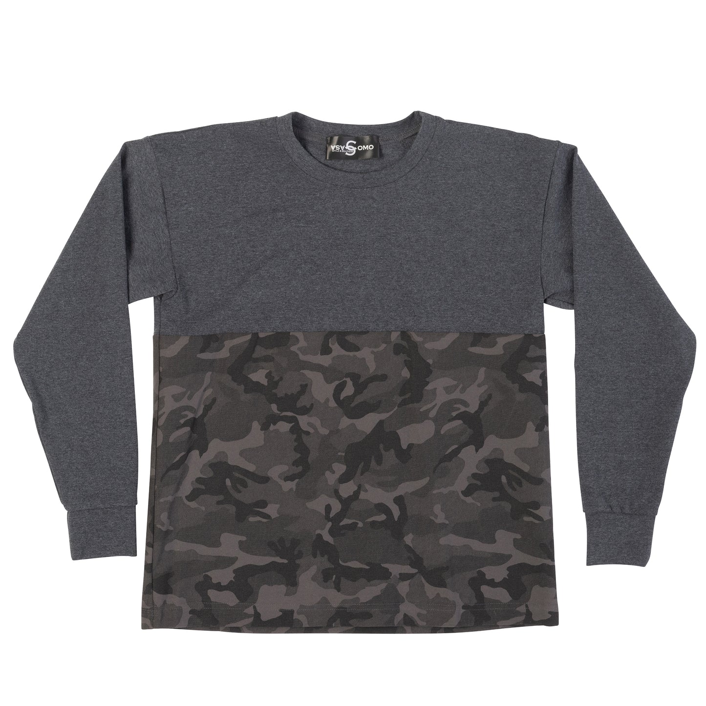 Flatlay of Mix Camo Charcoal Grey Long Sleeve Tee on white background