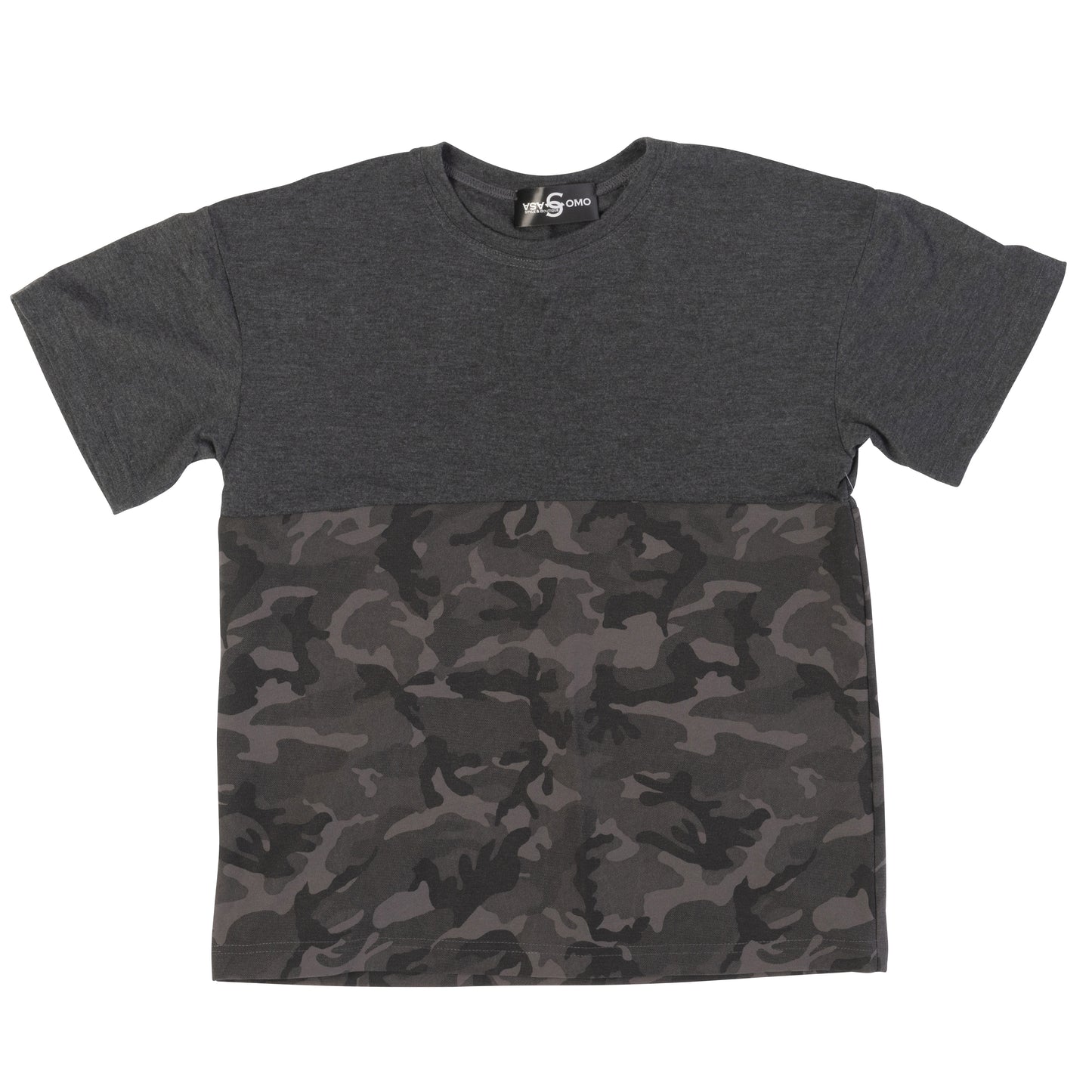 Flat lay of mix camo and charcoal grey unisex t-shirt