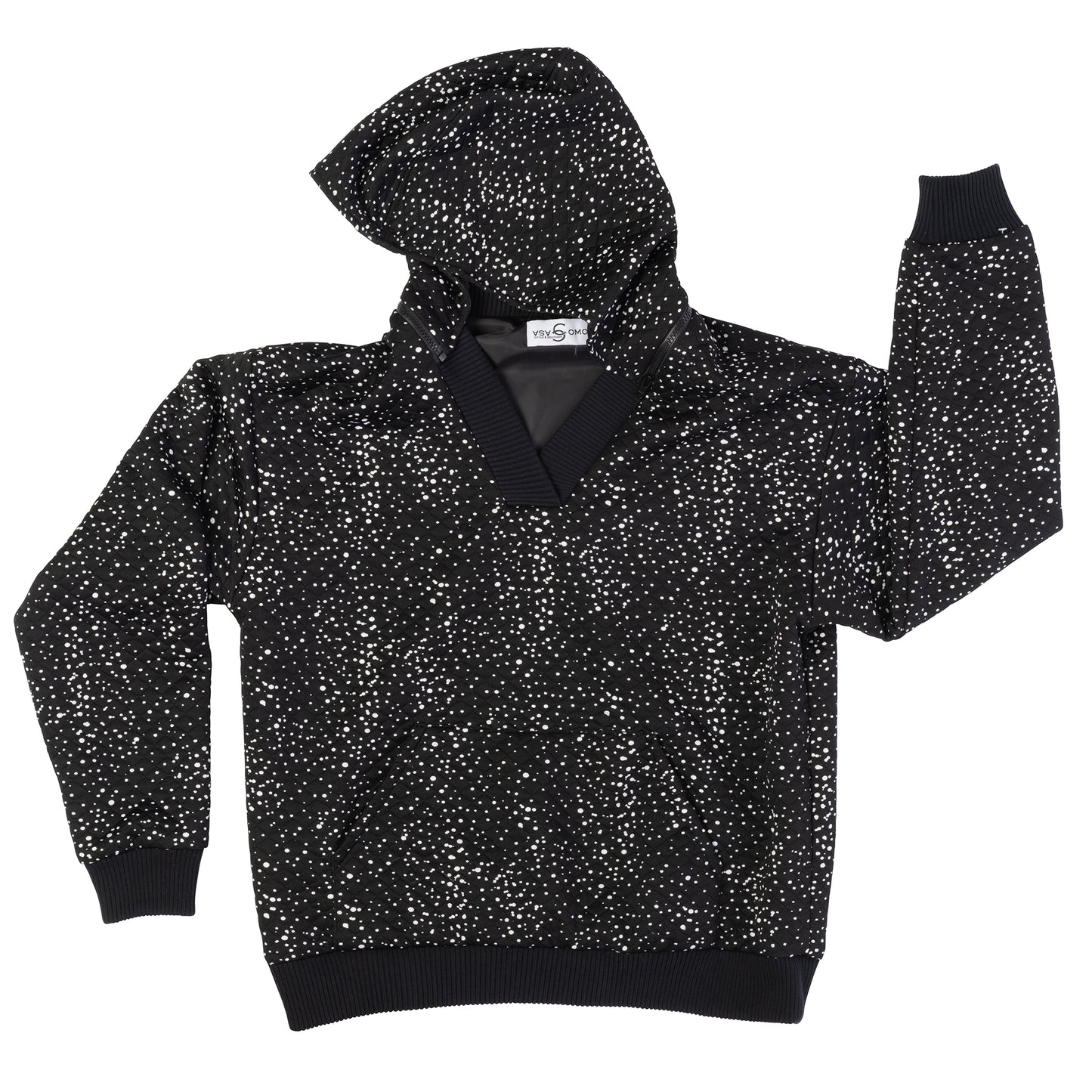 Black hoodie with white dot pattern and ribbed cuffs, laid flat – Casa Como Boutique