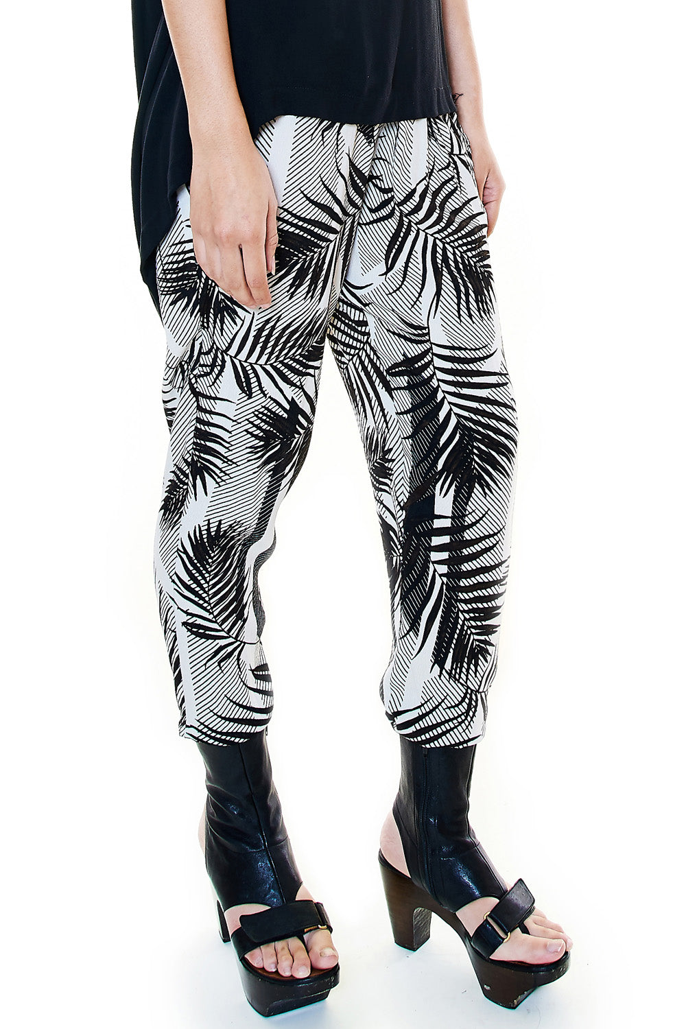 Rear view of tropical palm print lounge pants