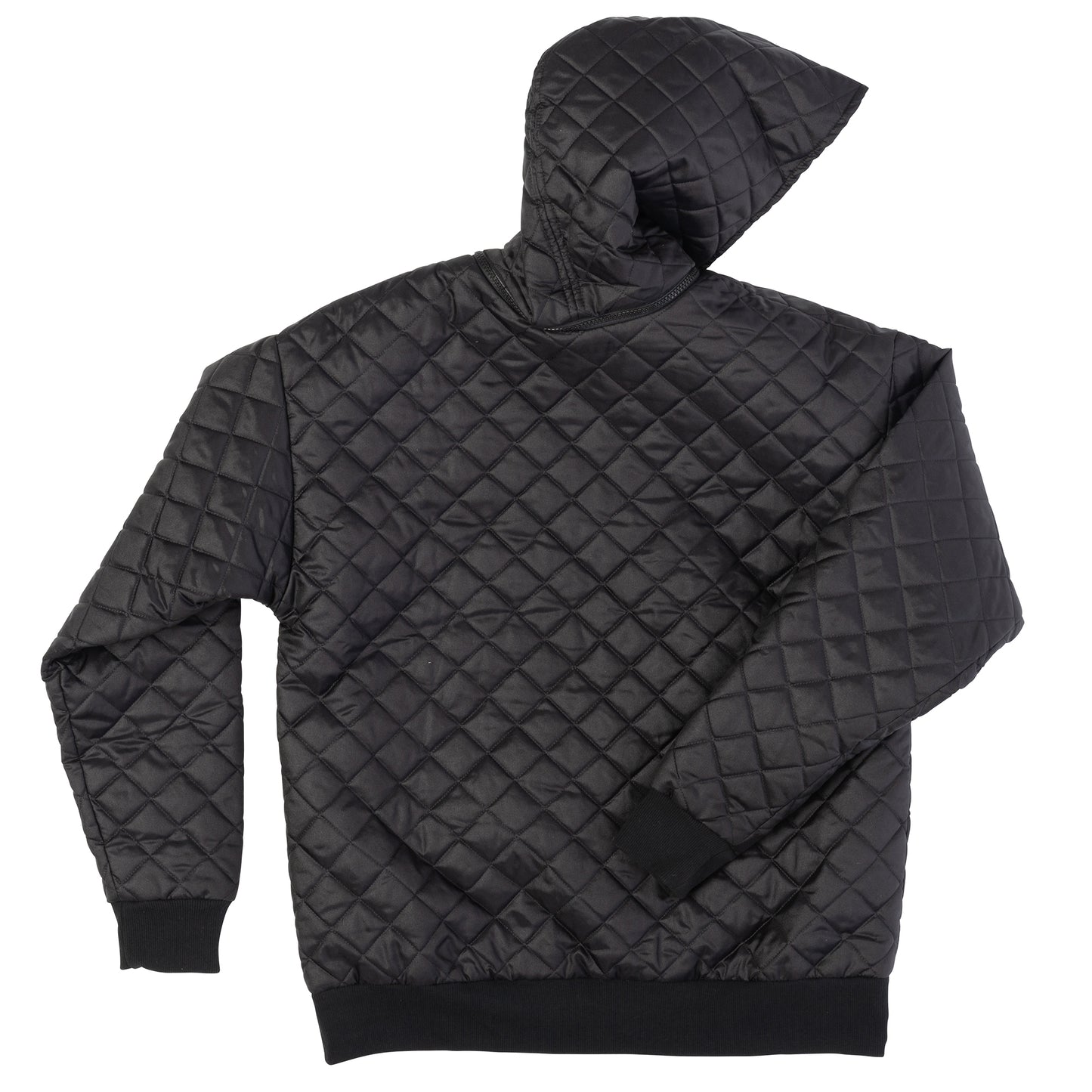 Back view of quilted black hoodie on flat surface – unisex fashion item
