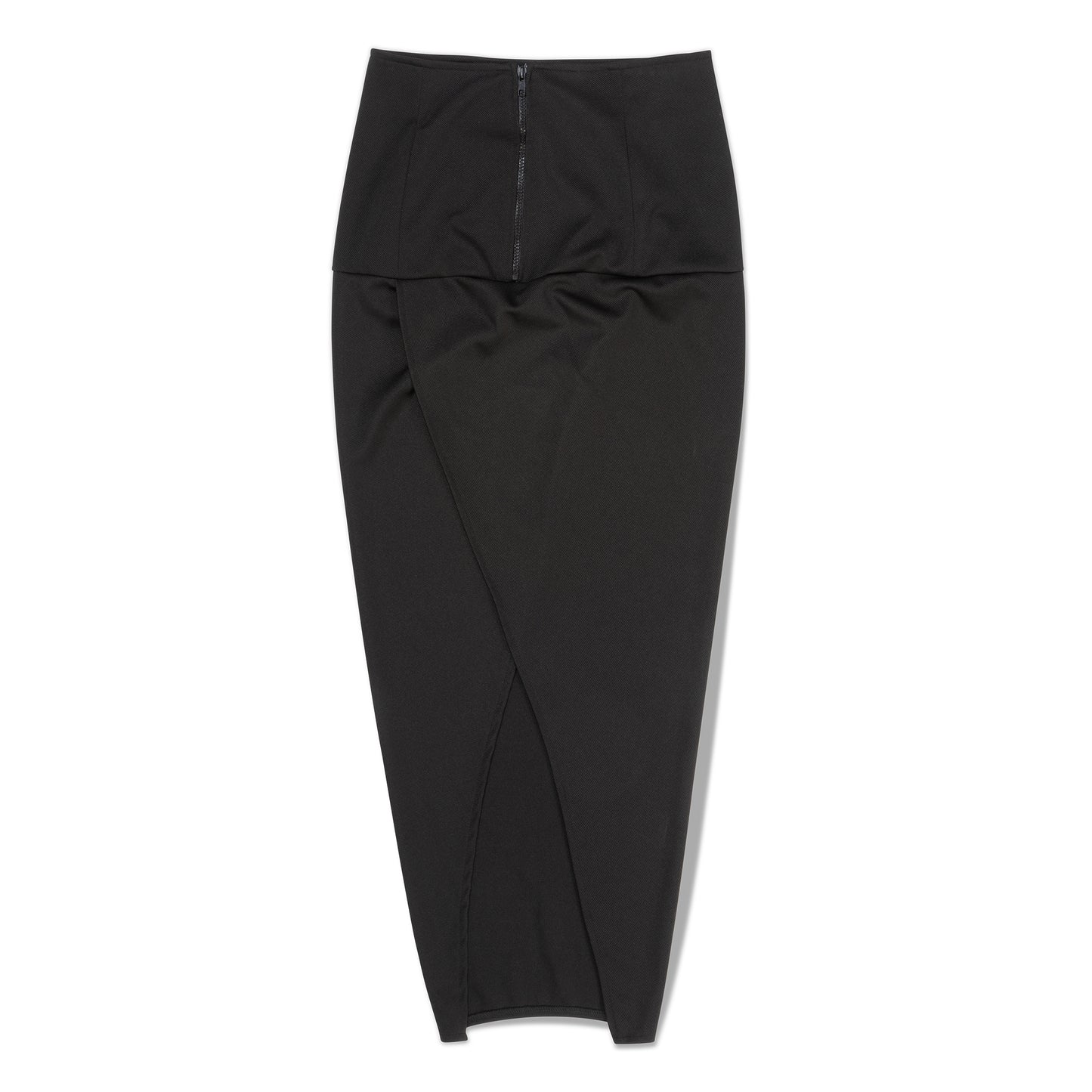 "Back view of black long skirt with clean tailoring