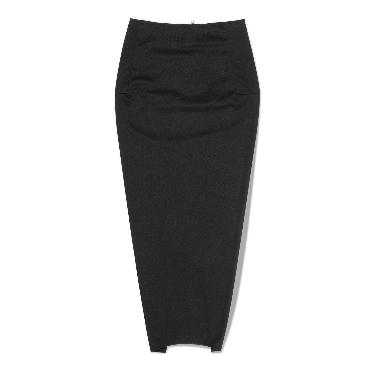 Flat lay of black long slit skirt, front zipper view