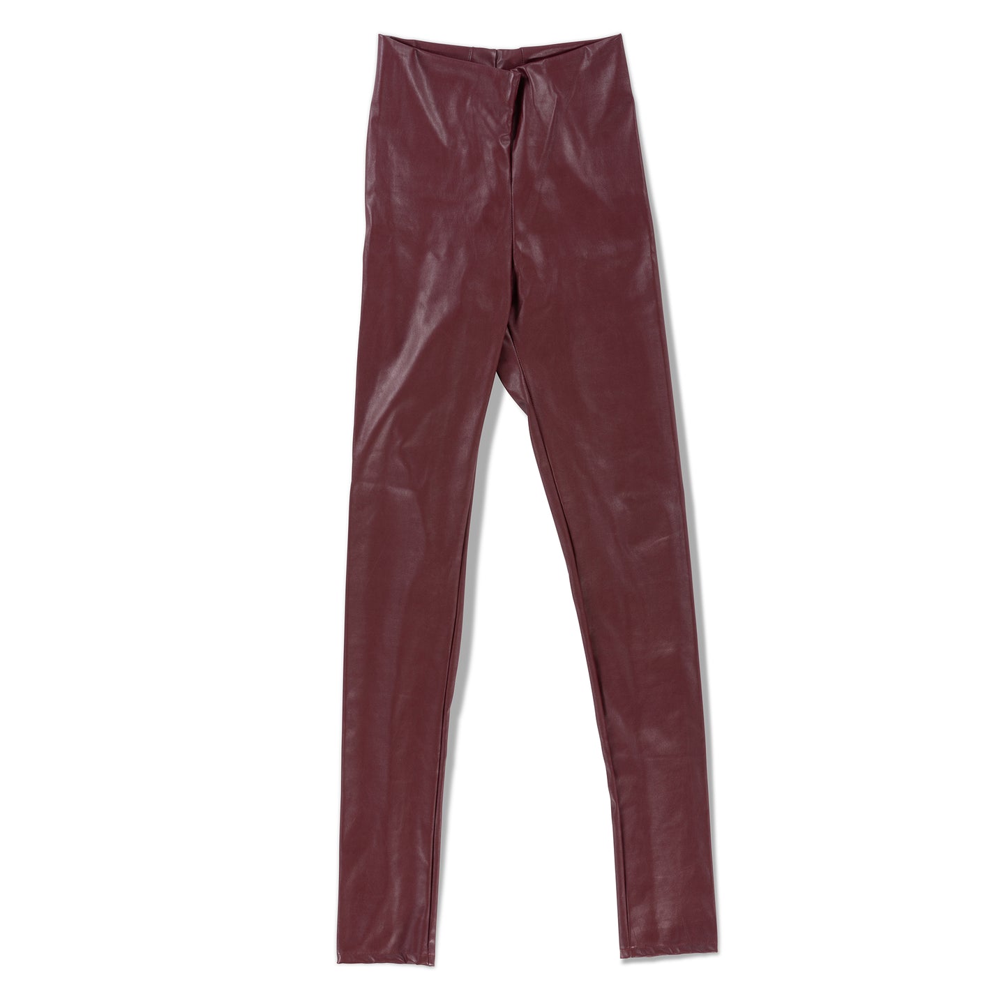 Back view of high-waisted burgundy vegan leather pants laid flat