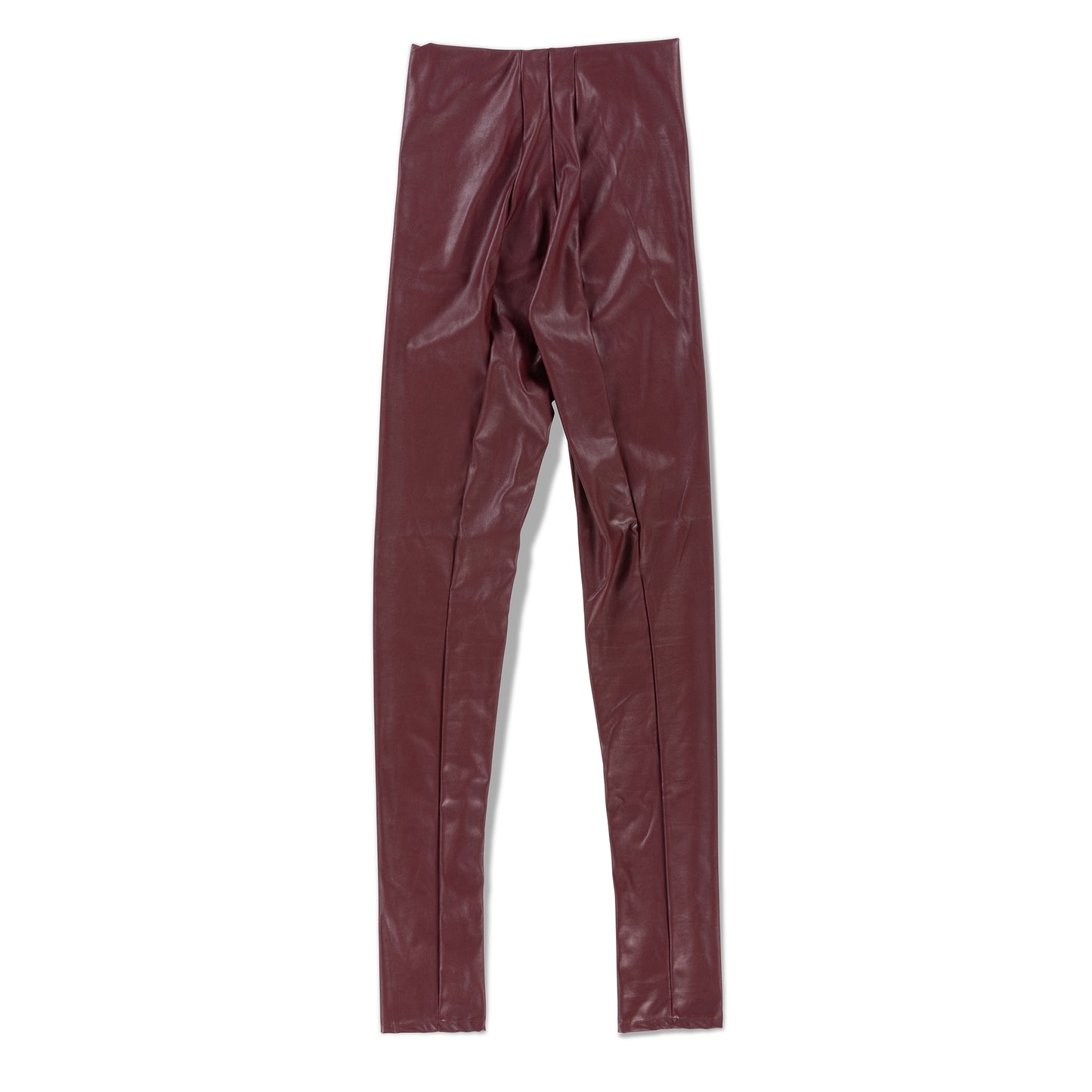 Front view of high-waisted burgundy vegan leather pants laid flat