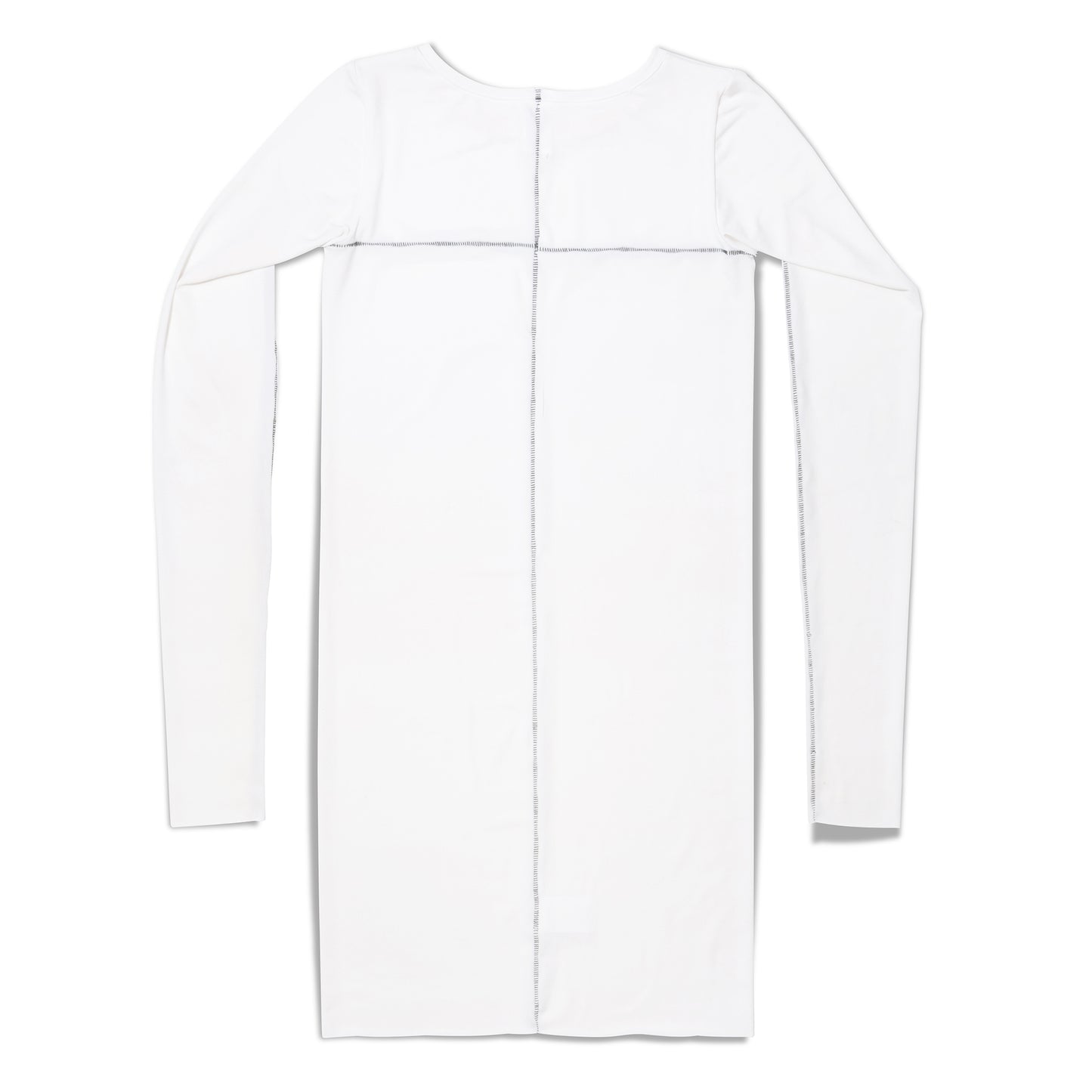 Flat lay back view of white long sleeve mini dress with stitched detail