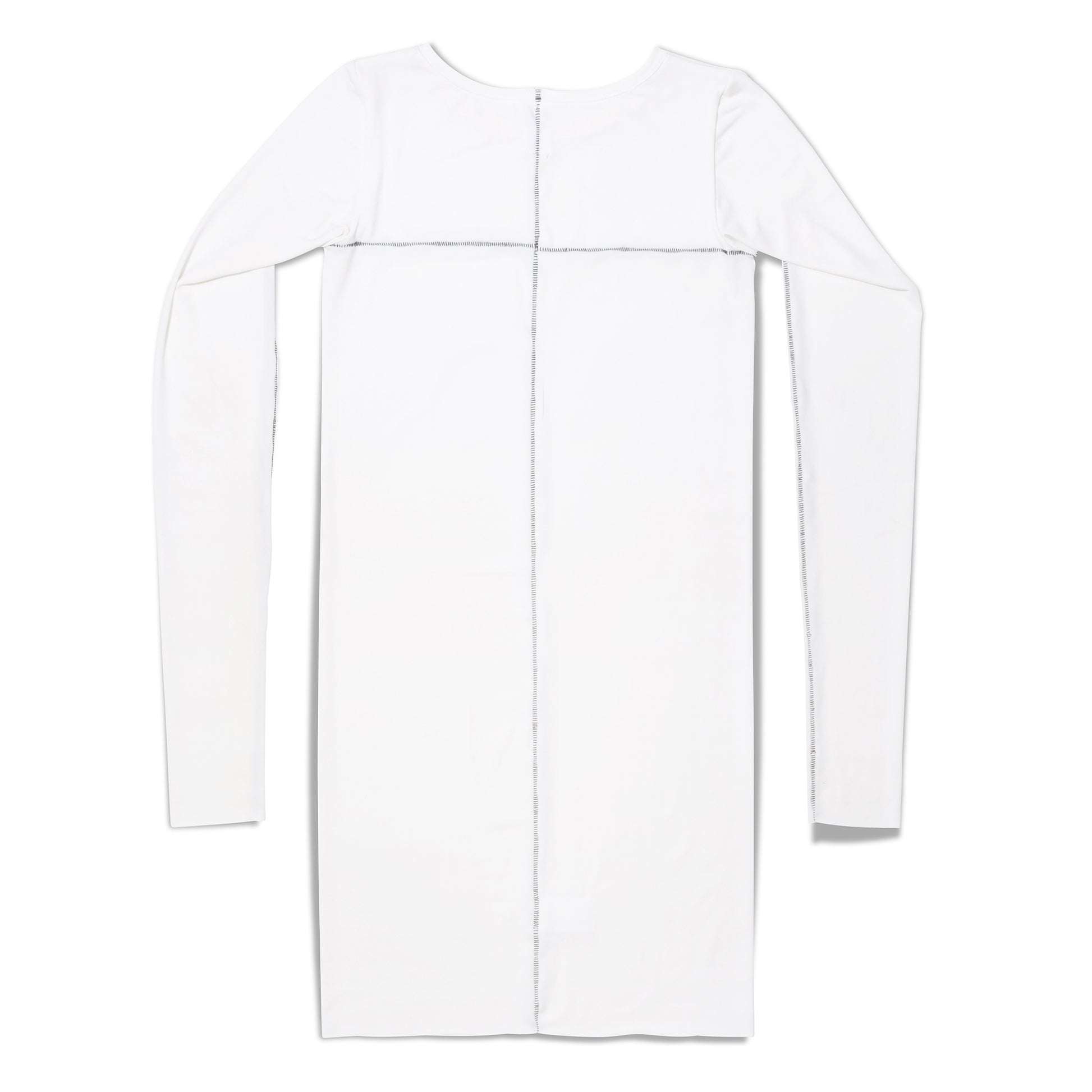 Flat lay back view of white long sleeve mini dress with stitched detail