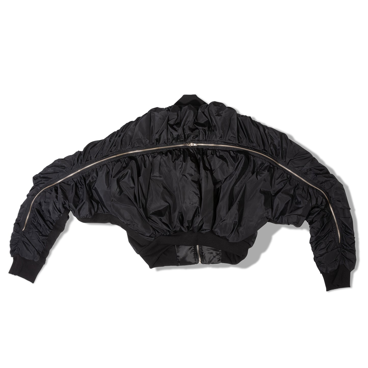Two-way zipper black bomber jacket with ruched sleeves laid flat