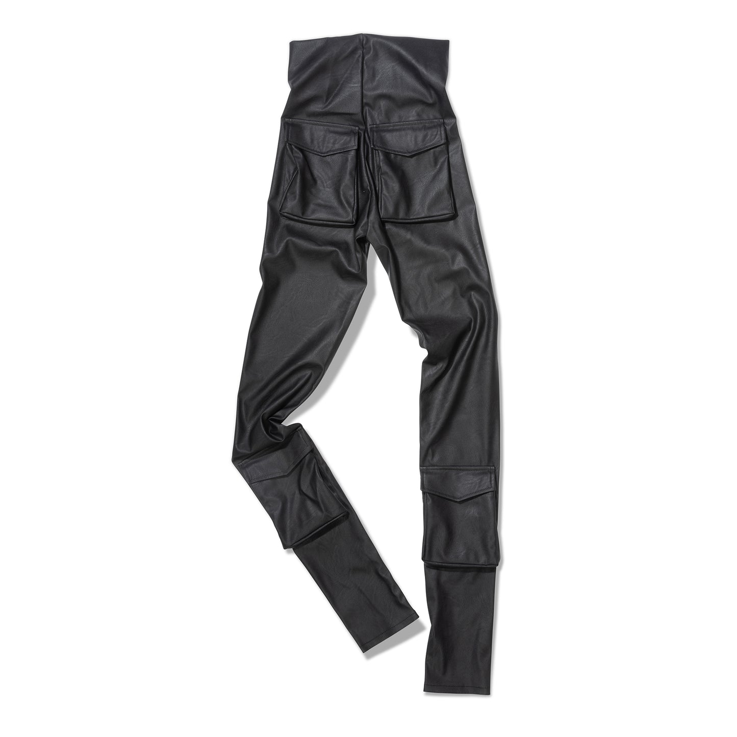 Back view of black faux leather leggings showcasing cargo-style flap pockets