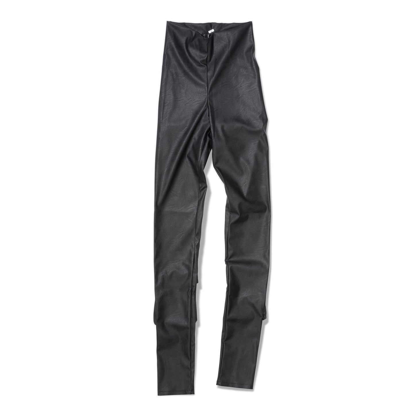 Front view of black high-waist faux leather leggings with a sleek finish