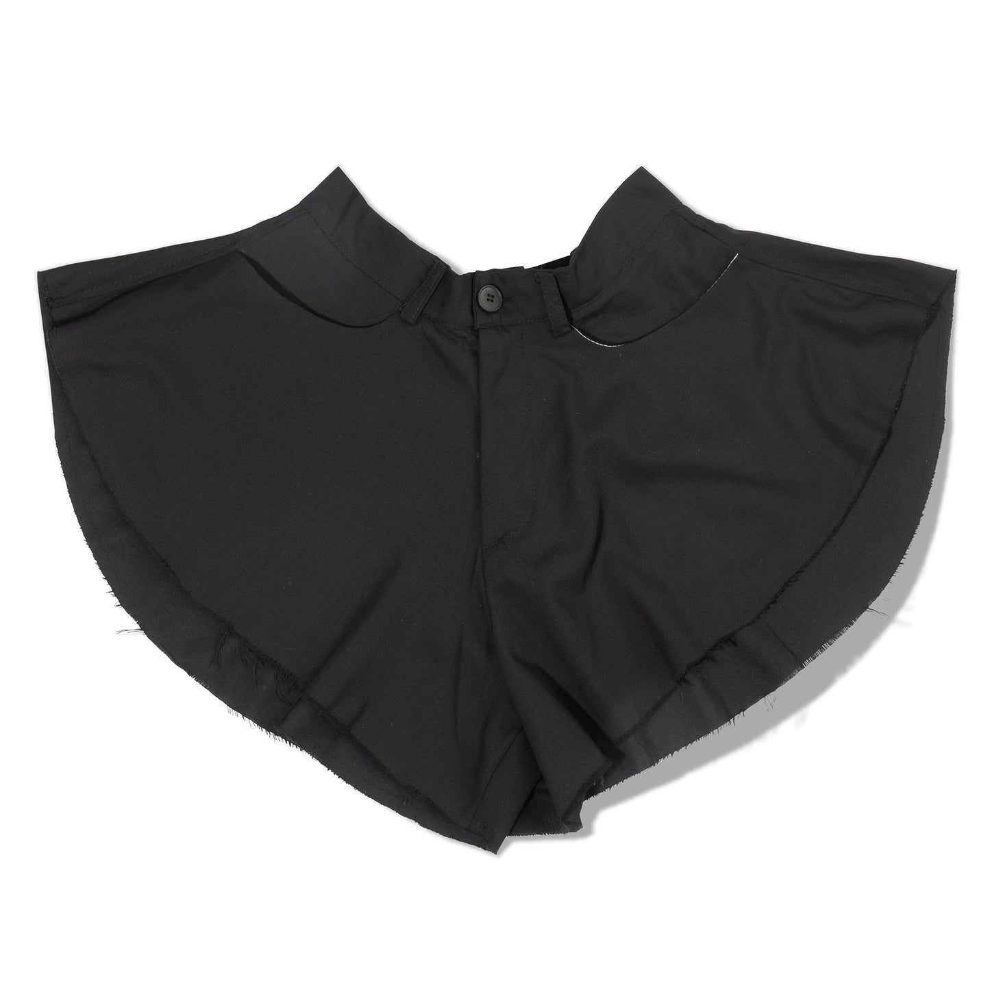 Flat lay of black flare shorts - front view with button closure