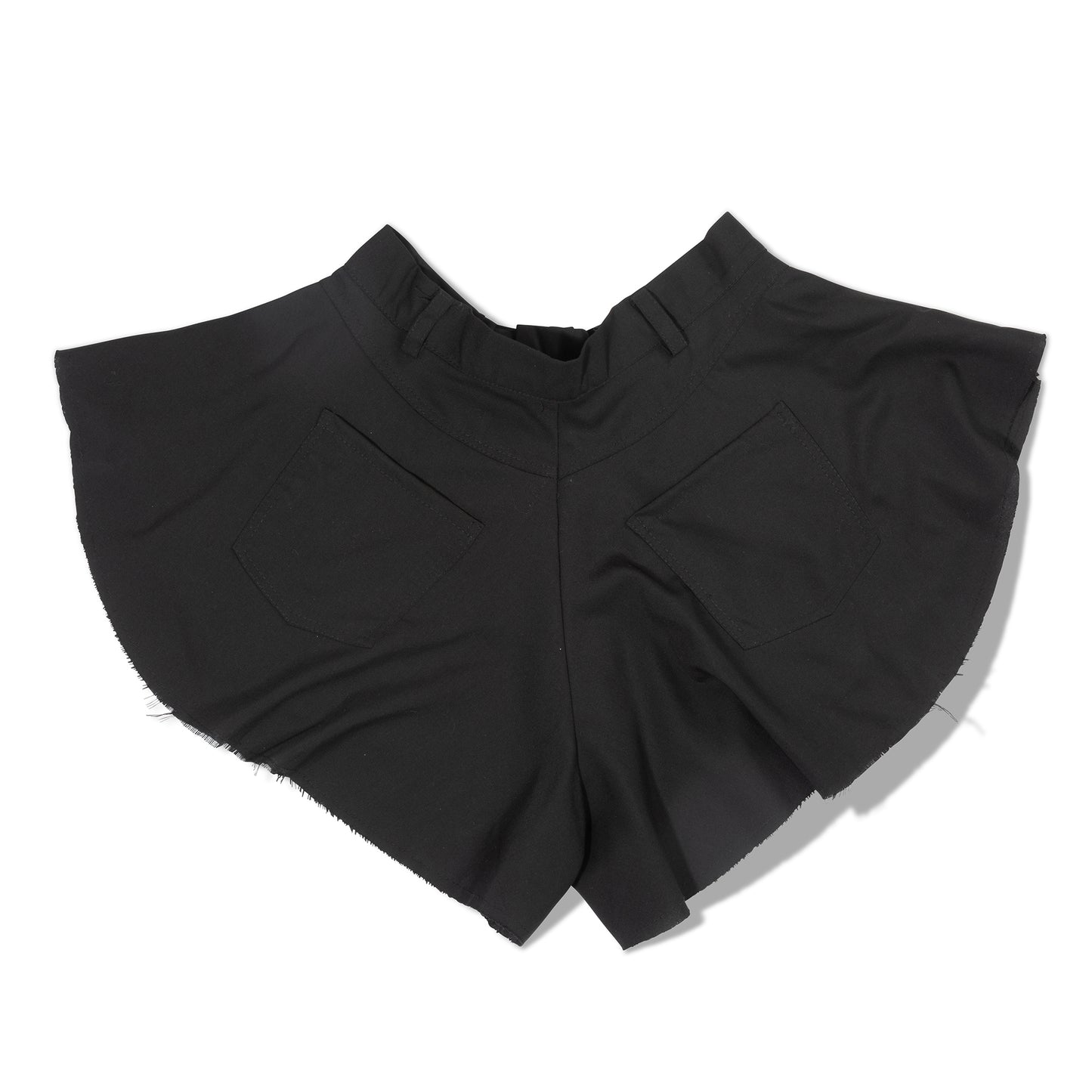 Flat lay of black flare shorts - back view with patch pockets