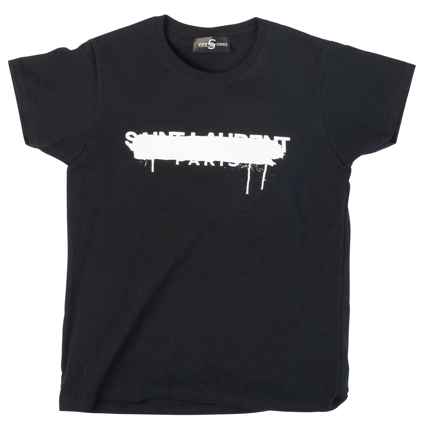 Flat lay of a black cotton t-shirt featuring a bold white graffiti-style graphic that crosses out the "YSL Paris" logo.