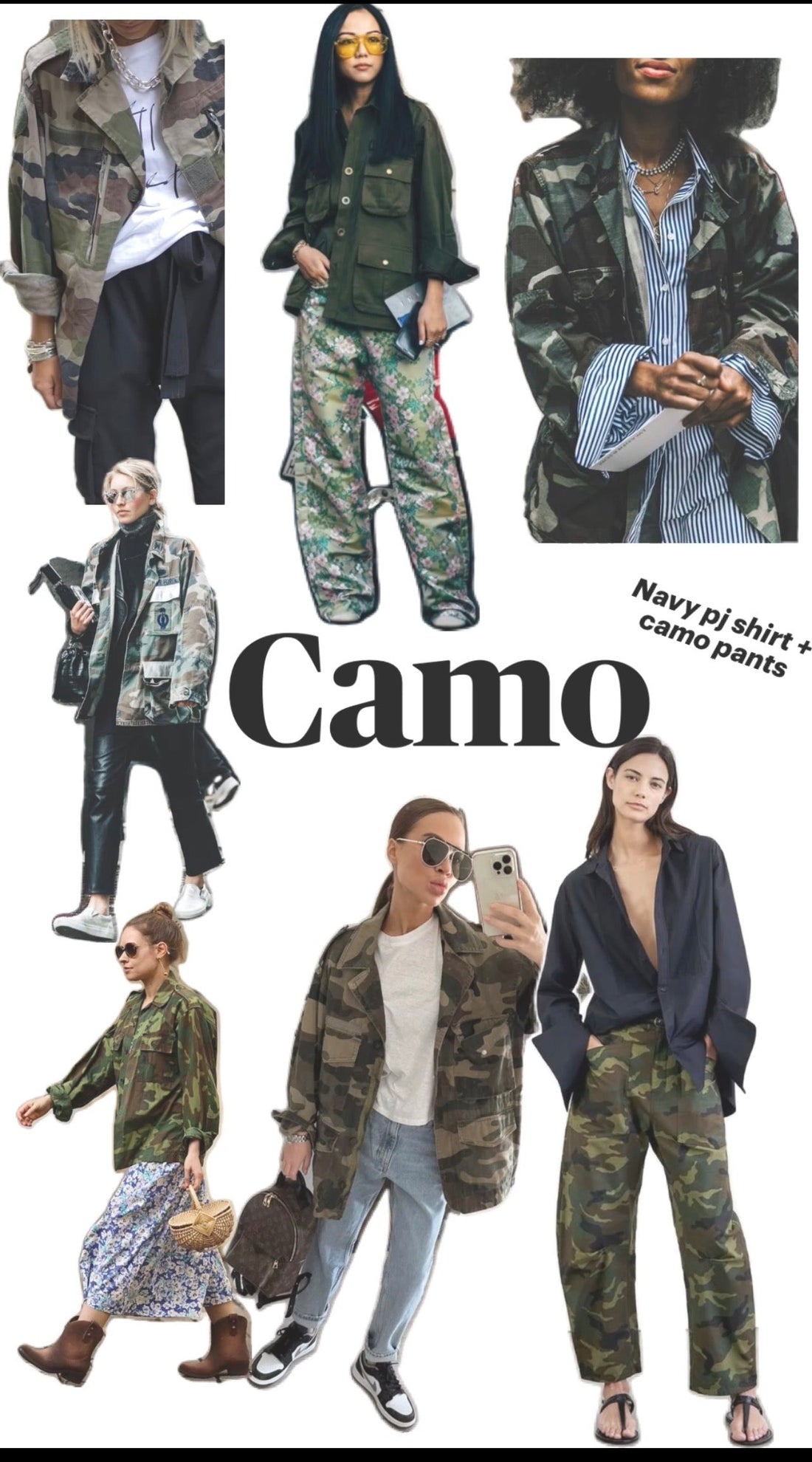 Editorial collage featuring modern camouflage fashion styling with oversized utility jackets, cargo pants, and contemporary streetwear inspiration.