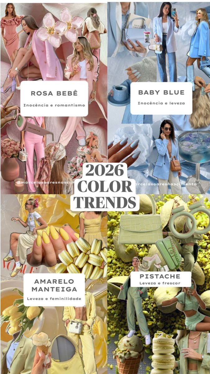 2026 color trends collage featuring baby blue, rosa bebê pink, butter yellow, and pistachio green fashion inspiration mood board