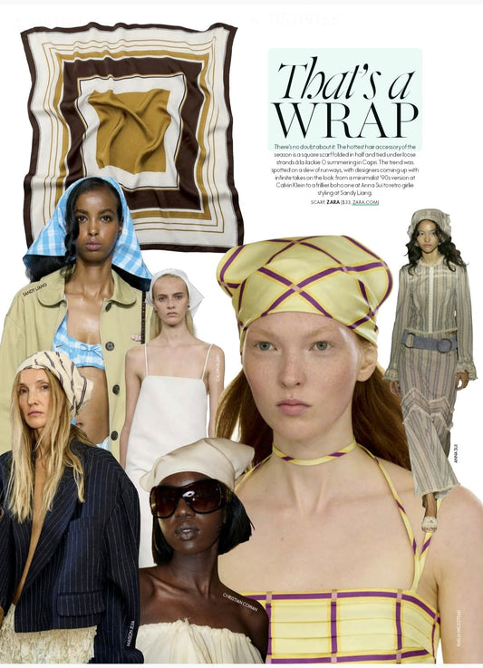 Editorial collage featuring the SS26 headscarf trend with runway-inspired styling, silk scarves, soft tailoring, and feminine fashion aesthetics