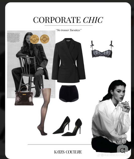 Corporate chic outfit inspiration featuring blazer, heels, and minimalist styling for modern power dressing and quiet luxury wardrobe