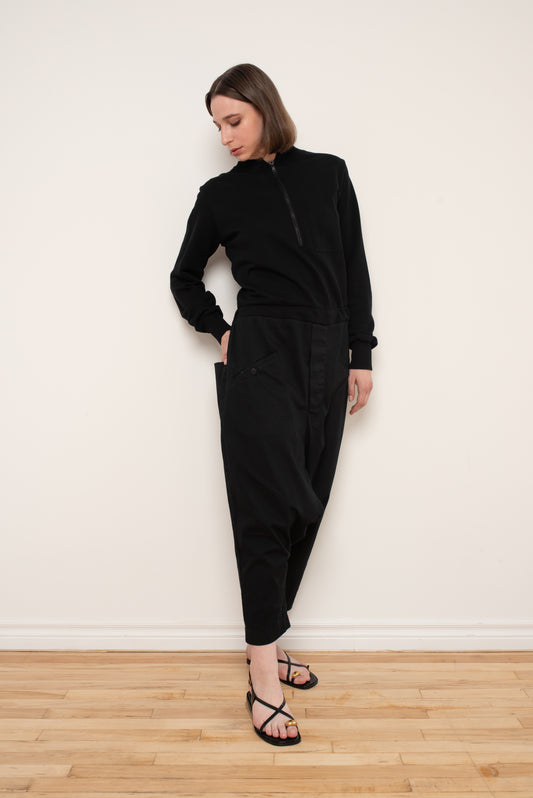 Two-Tone Black Utility Jumpsuit – French Terry & Cotton Blend
