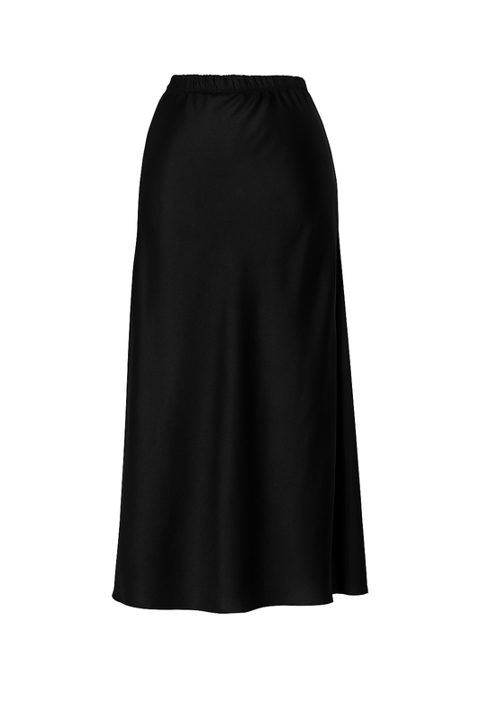 Black satin midi skirt with a silky, flowing finish - front view