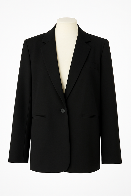 Front view of a classic black blazer with a single-button closure.