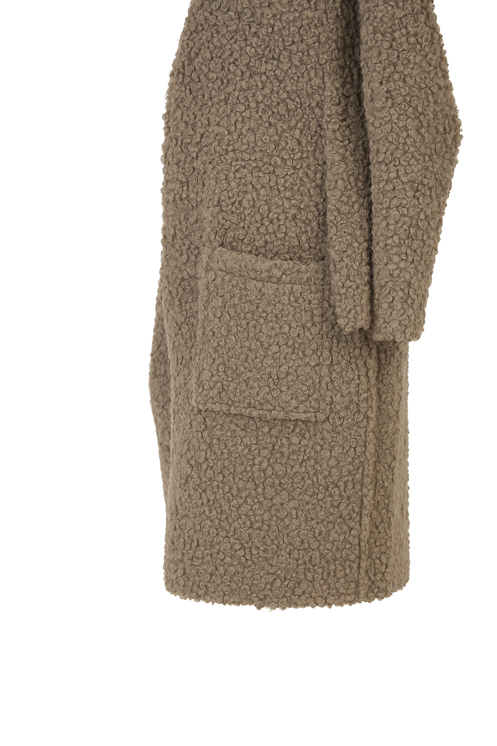 Close-up of beige sherpa coat pocket showing looped texture fabric detail – Casa Como Boutique”

