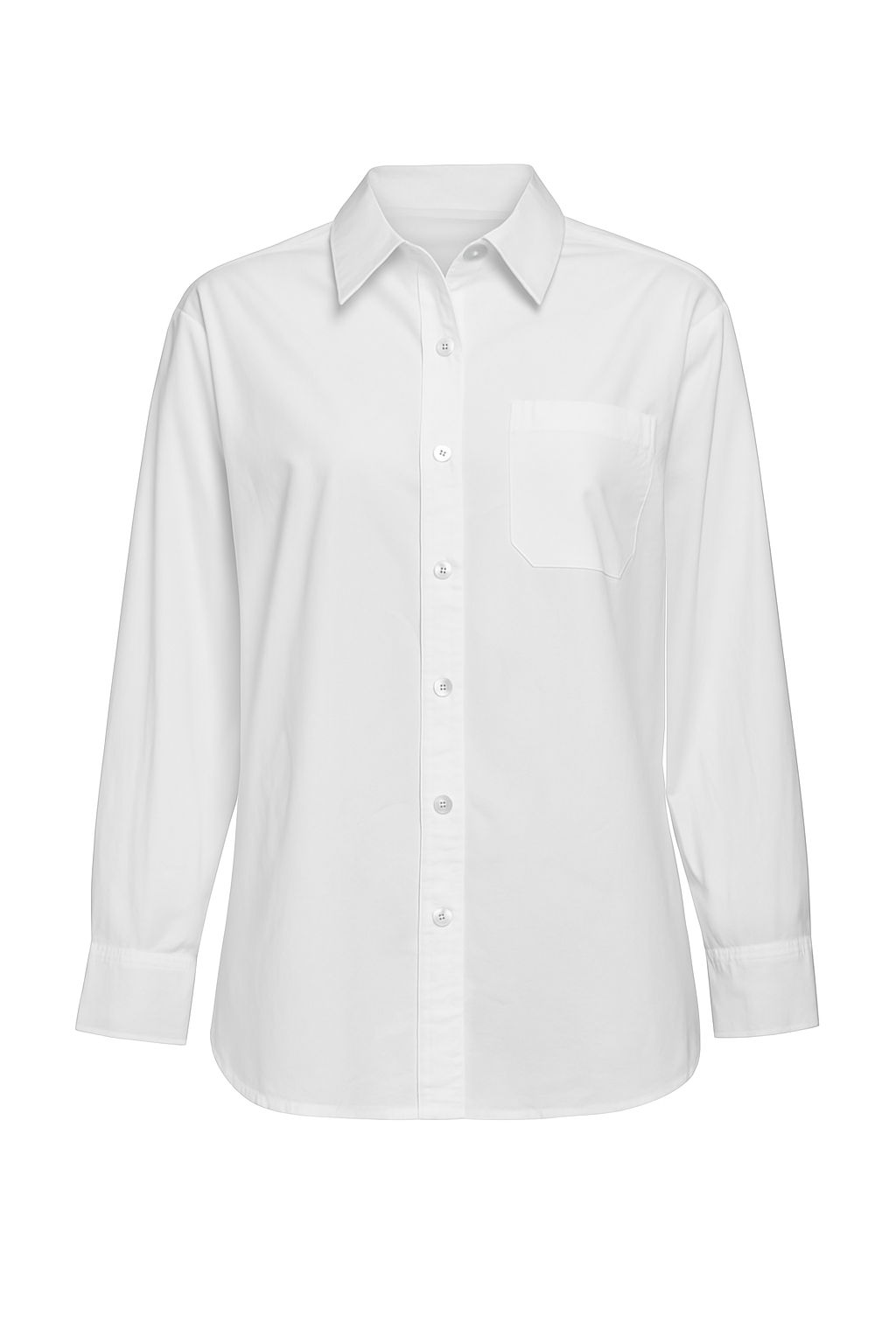 Front view of classic white cotton button-up shirt for women