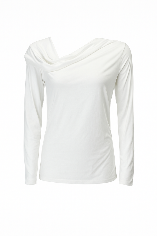 A white long sleeve top with a chic draped neckline, made from soft, breathable fabric.