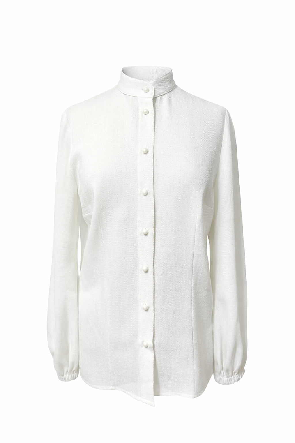 Ivory structured high-neck blouse with mother-of-pearl buttons front view
