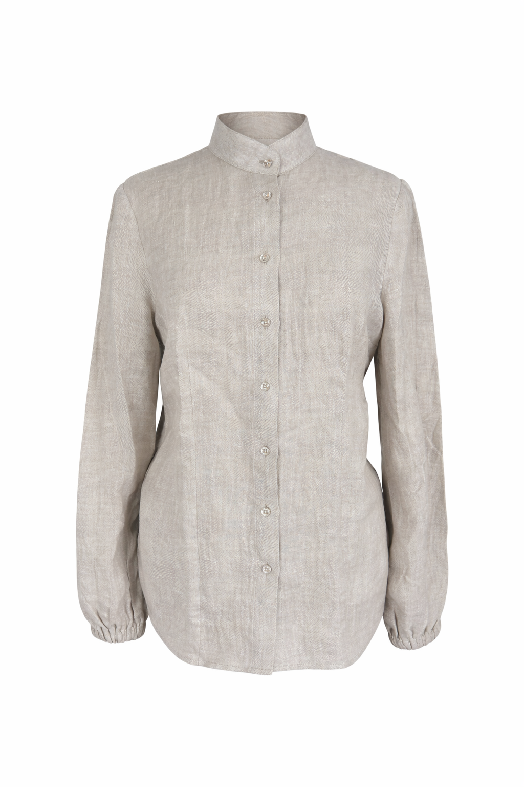 Casa Como linen blouse in natural beige with mandarin collar and long elastic sleeves – front view